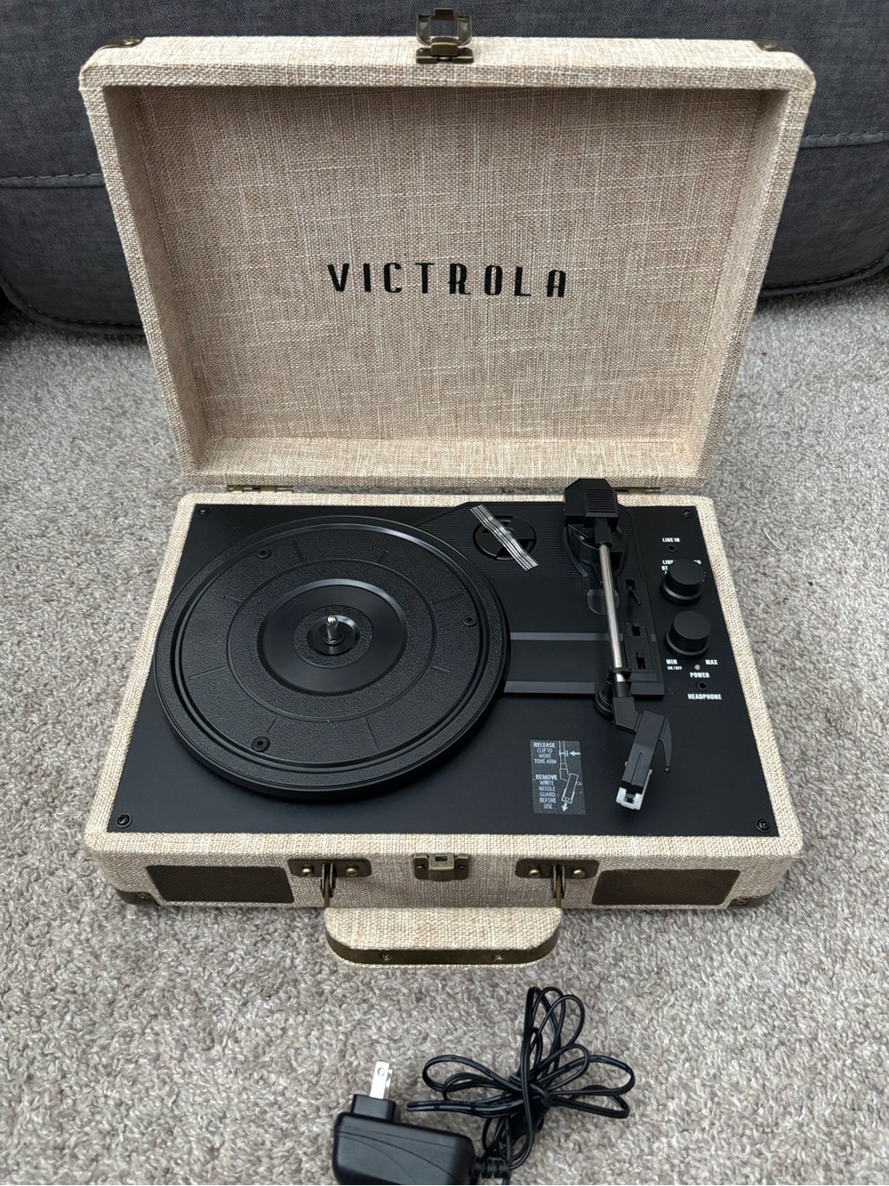 Victrola Portable Turntable in Beige Burlap